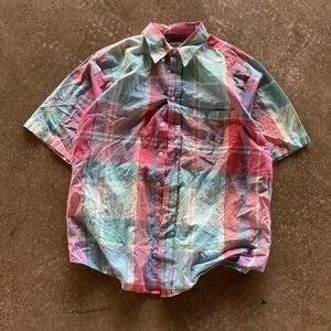 Vintage Nautica Shirt Men Large Multicolor Plaid Short Sleeve Button Up Sailboat